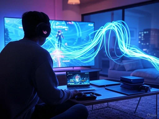 A person playing a video game on a large screen with neon blue light trails and gaming setup at home. A person playing a video game on a large screen with neon blue light trails and gaming setup at home.