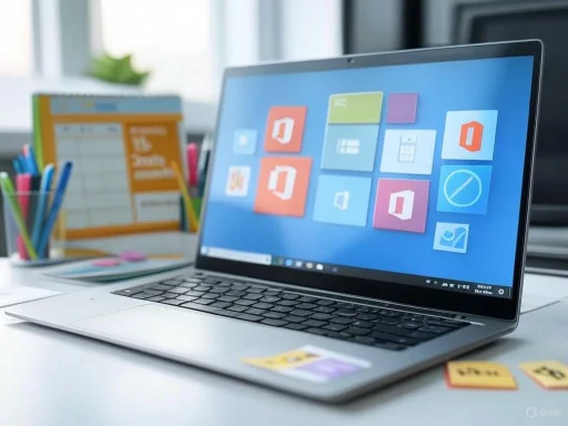 A laptop displaying Microsoft Office app icons on a tidy desk with colorful stationery.
