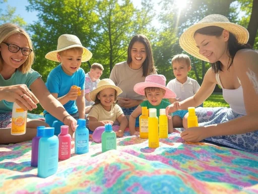A group of women and children enjoying a sunny day outdoors, applying sunscreen on a colorful blanket.