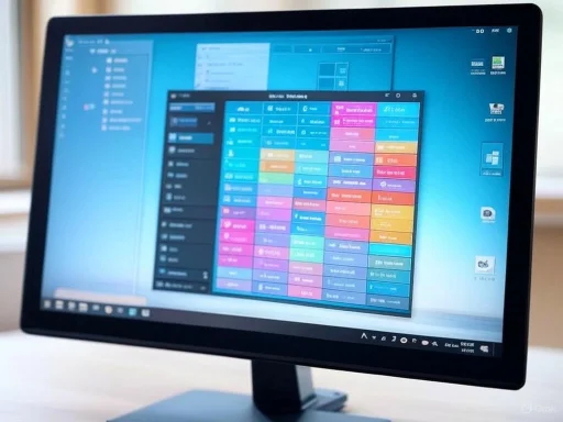 A computer monitor displaying a colorful scheduling or project management software interface.