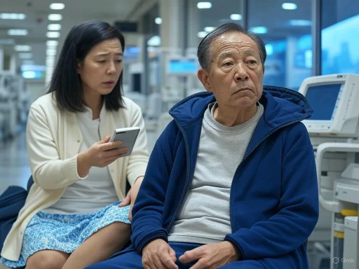 A woman looks concerned as she checks her phone beside an older man sitting in a hospital or clinic setting.