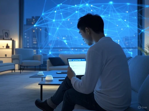 A man sitting on a couch at home, looking at a tablet with digital data and network graphics glowing in the background.