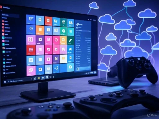 A computer monitor displays a colorful application grid, with game controllers and a cloud-themed background suggesting cloud gaming.