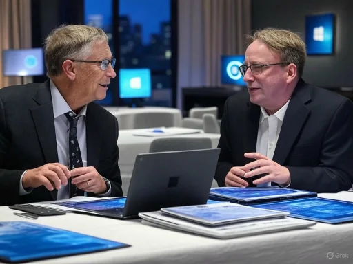 Two men in business suits having a conversation in a conference room with screens displaying Windows logos. Two men in business suits having a conversation in a conference room with screens displaying Windows logos.