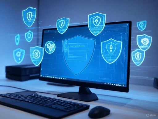 Computer screen with digital security shields and icons representing cybersecurity protection.