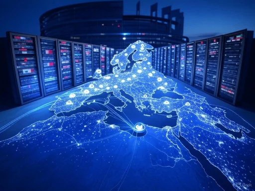 A digital map of Europe illuminated with network connections, with a globe and server racks in the background. A digital map of Europe illuminated with network connections, with a globe and server racks in the background.