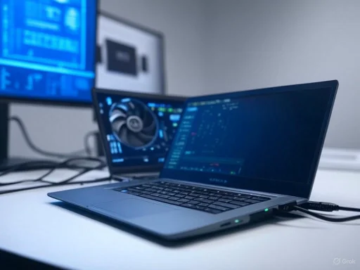 A sleek laptop connected to external monitors displaying coding and system graphics in a modern workspace.