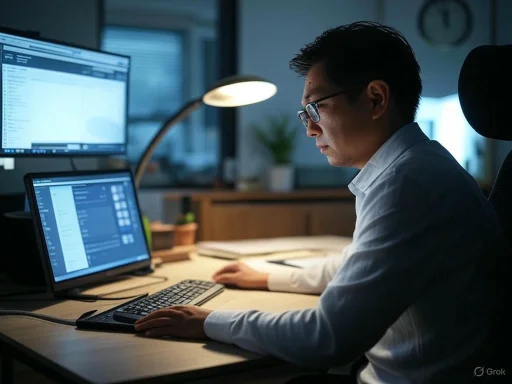 A man working on a computer in an office at night with multiple screens displaying data and emails.