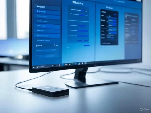 A computer monitor displays a dashboard with charts and data, with a black external device connected on a white desk. A computer monitor displays a dashboard with charts and data, with a black external device connected on a white desk.