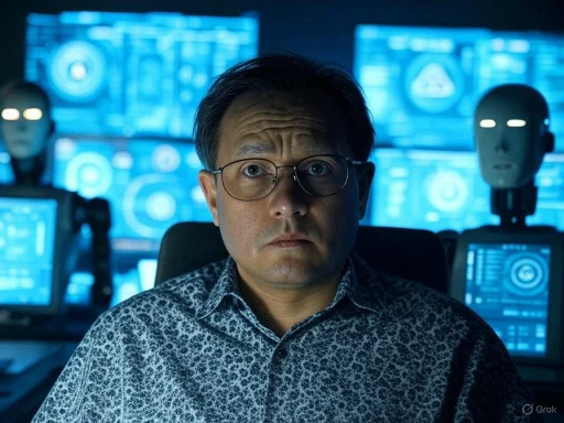 A man with glasses sits in a high-tech control room filled with robotic heads and multiple digital screens displaying blueprints and data. A man with glasses sits in a high-tech control room filled with robotic heads and multiple digital screens displaying blueprints and data.