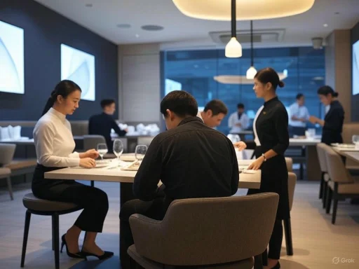 Staff preparing a fine dining table in a modern, upscale restaurant with elegant decor.
