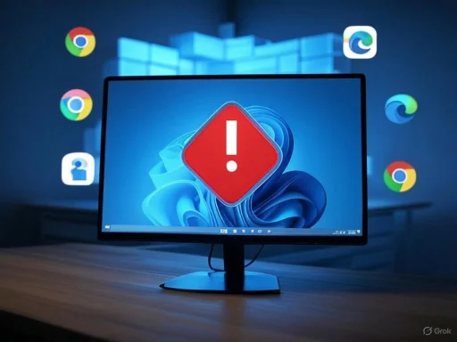A computer monitor displays a red warning icon with an exclamation mark, surrounded by floating app icons, indicating a system alert.