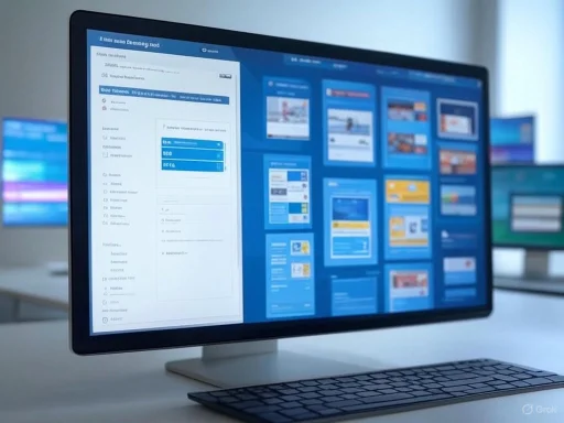A computer monitor displays a webpage or software interface with multiple blue-themed panels and options. A computer monitor displays a webpage or software interface with multiple blue-themed panels and options.
