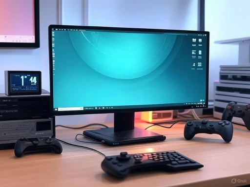 A gaming or multimedia setup featuring a large monitor, dual controllers, a keyboard, a clock, and various electronic devices on a wooden desk.