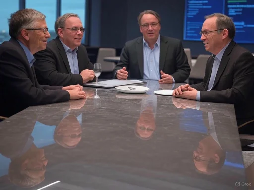 Four men in business attire are having a discussion around a conference table in a corporate setting.