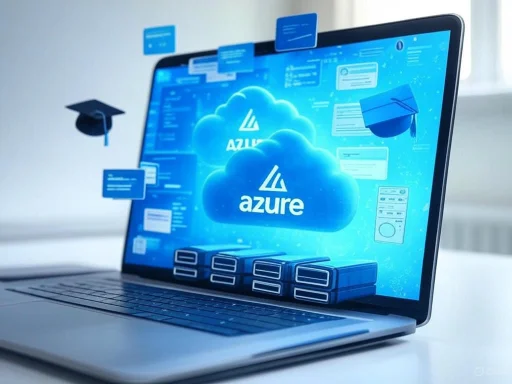 A laptop displays a digital illustration of the Azure cloud computing platform with floating icons, servers, and graduation cap. A laptop displays a digital illustration of the Azure cloud computing platform with floating icons, servers, and graduation cap.