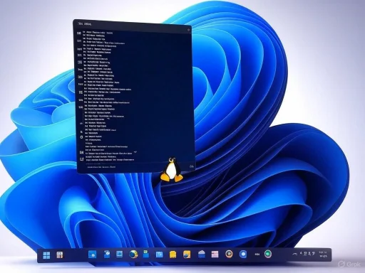 A desktop screen displays a dark-themed terminal window on a Windows 11 background with a Tux penguin sticker at the bottom.