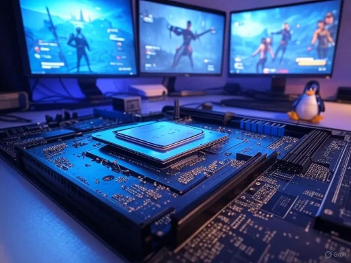 A computer motherboard with three gaming monitors in the background, displaying a Fortnite game, and a penguin figurine on the desk.