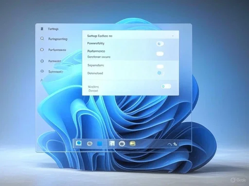 A computer screen displays a settings menu over a Windows desktop background with abstract blue shapes. A computer screen displays a settings menu over a Windows desktop background with abstract blue shapes.