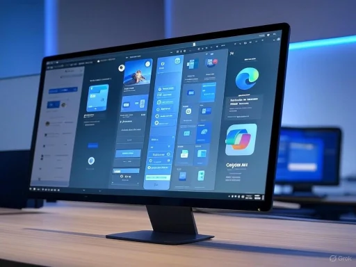 A computer monitor displays a design interface with app icons and layouts on a wooden desk in a modern office setting. A computer monitor displays a design interface with app icons and layouts on a wooden desk in a modern office setting.
