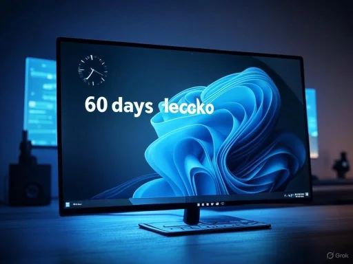 A computer monitor displays '60 days lecko' with a blue abstract background in a dimly lit workspace. A computer monitor displays '60 days lecko' with a blue abstract background in a dimly lit workspace.