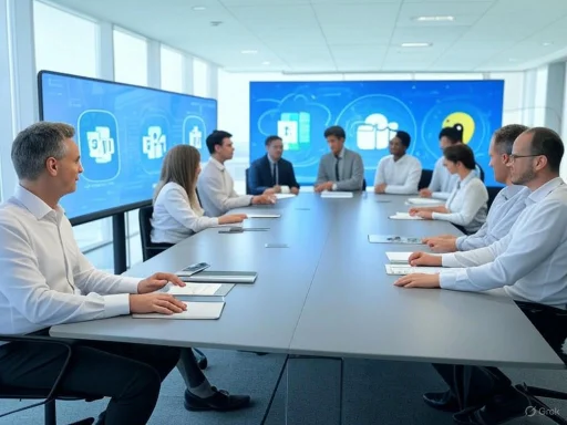 A business team is having a meeting in a modern conference room with digital screens displaying cloud and data icons.