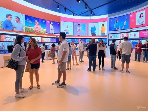 People explore and discuss displays in a modern tech store with large digital screens and sleek design.