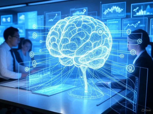 Digital illustration of a neural network brain connected to data analytics and AI technology, with people analyzing charts.