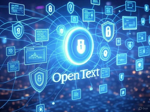 Digital security concept featuring shields, locks, and data connections surrounding the text 'OpenText.'
