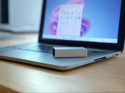 A laptop with a drive connected to its keyboard on a wooden desk, with a blurred screen displaying a colorful desktop. A laptop with a drive connected to its keyboard on a wooden desk, with a blurred screen displaying a colorful desktop.
