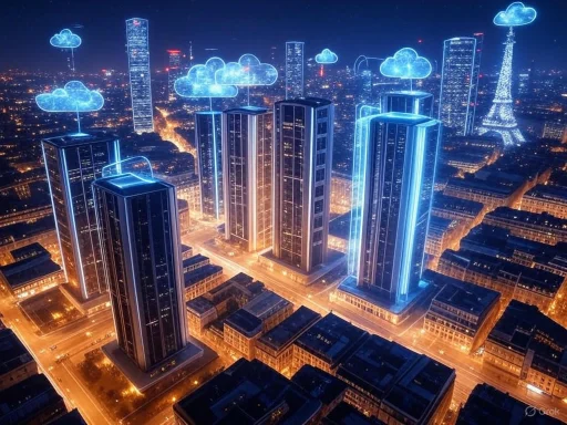 Futuristic cityscape at night with glowing skyscrapers and cloud-shaped digital icons, including the Eiffel Tower outline.