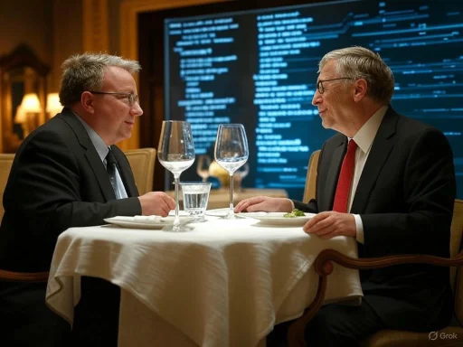 Two men in suits have dinner together in a formal setting, engaged in conversation, with a digital screen in the background.