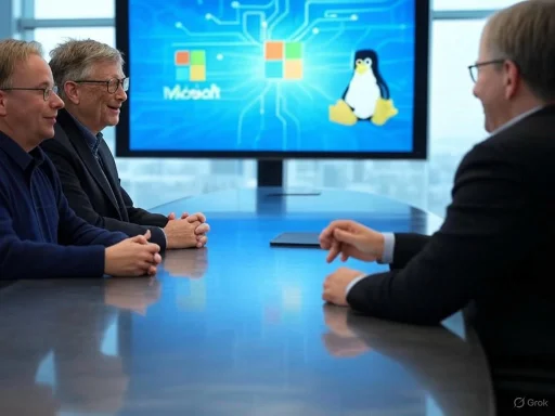 Business meeting discussing Microsoft’s Linux support and related technology.