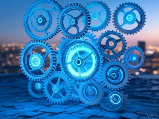 Digital gears and cogs representing technology and innovation, glowing in blue against a blurred cityscape background. Digital gears and cogs representing technology and innovation, glowing in blue against a blurred cityscape background.