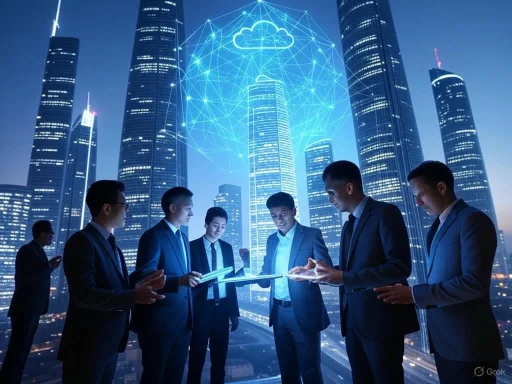 Business professionals using digital devices on a rooftop overlooking a futuristic city skyline with a cloud computing overlay. Business professionals using digital devices on a rooftop overlooking a futuristic city skyline with a cloud computing overlay.