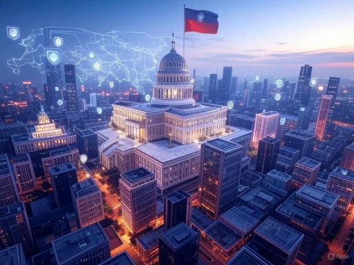 The U.S. Capitol building is illuminated at sunset, with digital security icons and a South Korean flag superimposed over a city skyline. The U.S. Capitol building is illuminated at sunset, with digital security icons and a South Korean flag superimposed over a city skyline.