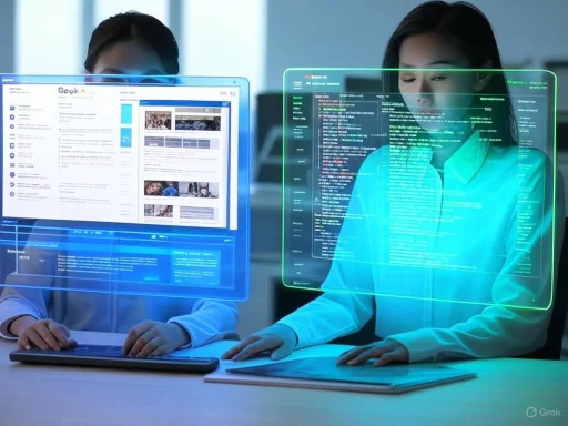 Two women work with holographic computer screens displaying data and news in a futuristic office setting.