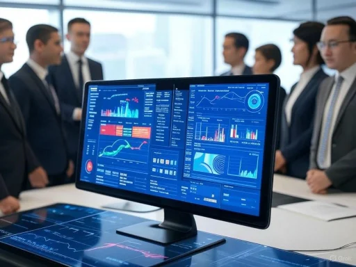 A business meeting with professionals discussing data analytics displayed on multiple digital screens.