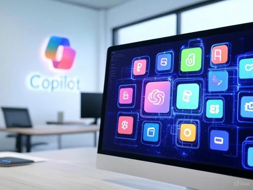 A computer screen displays various colorful app icons, with the 'Copilot' logo visible in the background. A computer screen displays various colorful app icons, with the 'Copilot' logo visible in the background.