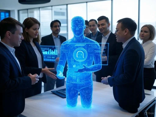 A holographic human figure demonstrates encryption technology to a group of professionals in a modern office.