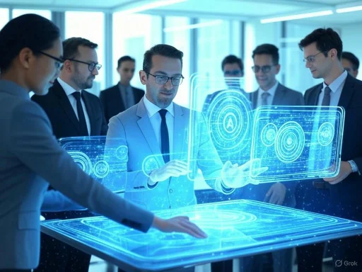 Business professionals using a holographic touchscreen interface in a modern office setting.