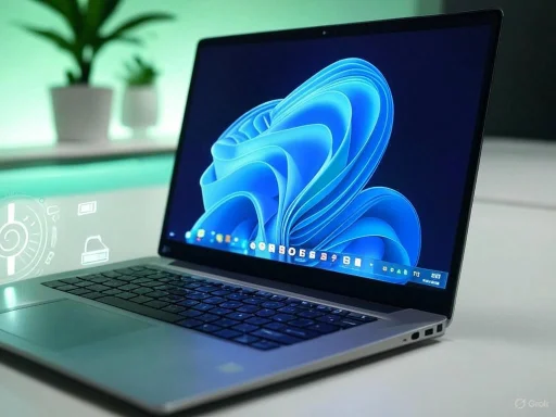 A sleek laptop displaying the Windows 11 desktop, placed on a white surface with a blurred green-lit background.