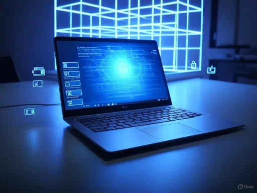 A laptop displaying a futuristic blueprint with holographic icons in a high-tech, digital environment.