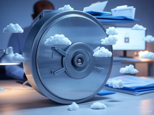 A combination of a metal safe and clouds creates a surreal scene in an office setting.