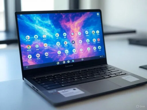 A Lenovo laptop displaying a vibrant, cosmic-themed desktop with app icons, on a white table in a well-lit room.