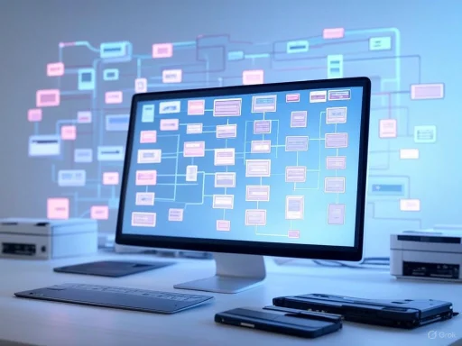 A computer monitor displays a complex flowchart or diagram, with a projected similar diagram in the background.