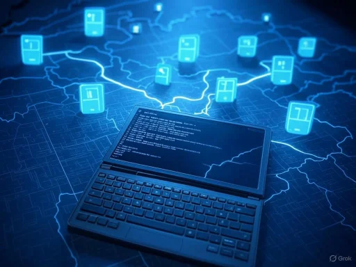 A laptop with code on the screen placed over a digital map with connected smart home devices.