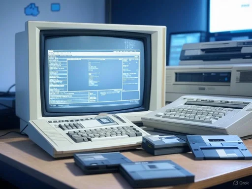 Old computers and floppy disks on a wooden desk, evoking early computing technology.