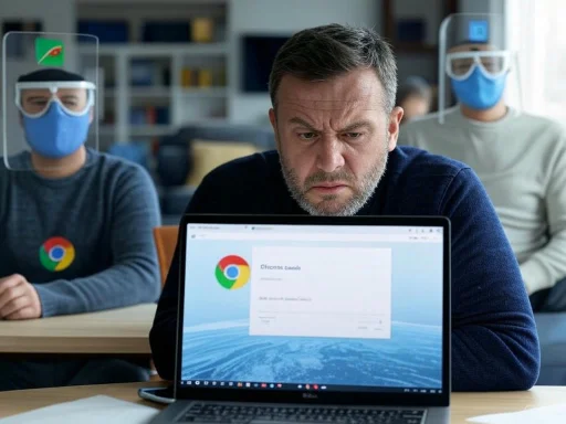 A man looks frustrated while working on a laptop, with two masked individuals in the background, in a professional setting.