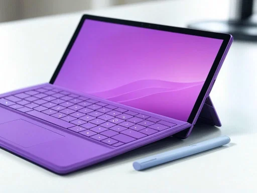 A purple tablet with a detachable keyboard and stylus on a white surface.